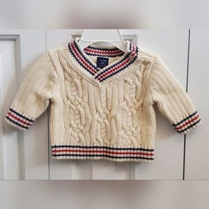 Baby GAP Cable Knit V Neck Tennis Sweater Pullover Cream Red Blue Stripe 0-3 Mo